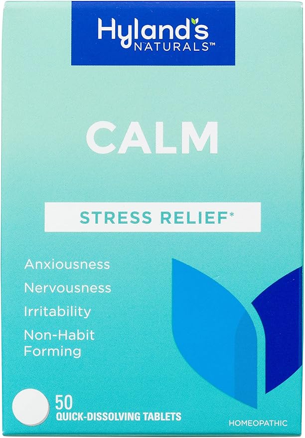 A box of Hyland's Naturals Calm Stress Relief homeopathic tablets, designed to help with anxious feelings, nervousness, and irritability. The packaging prominently features the brand name and highlights that the tablets are non-habit forming.